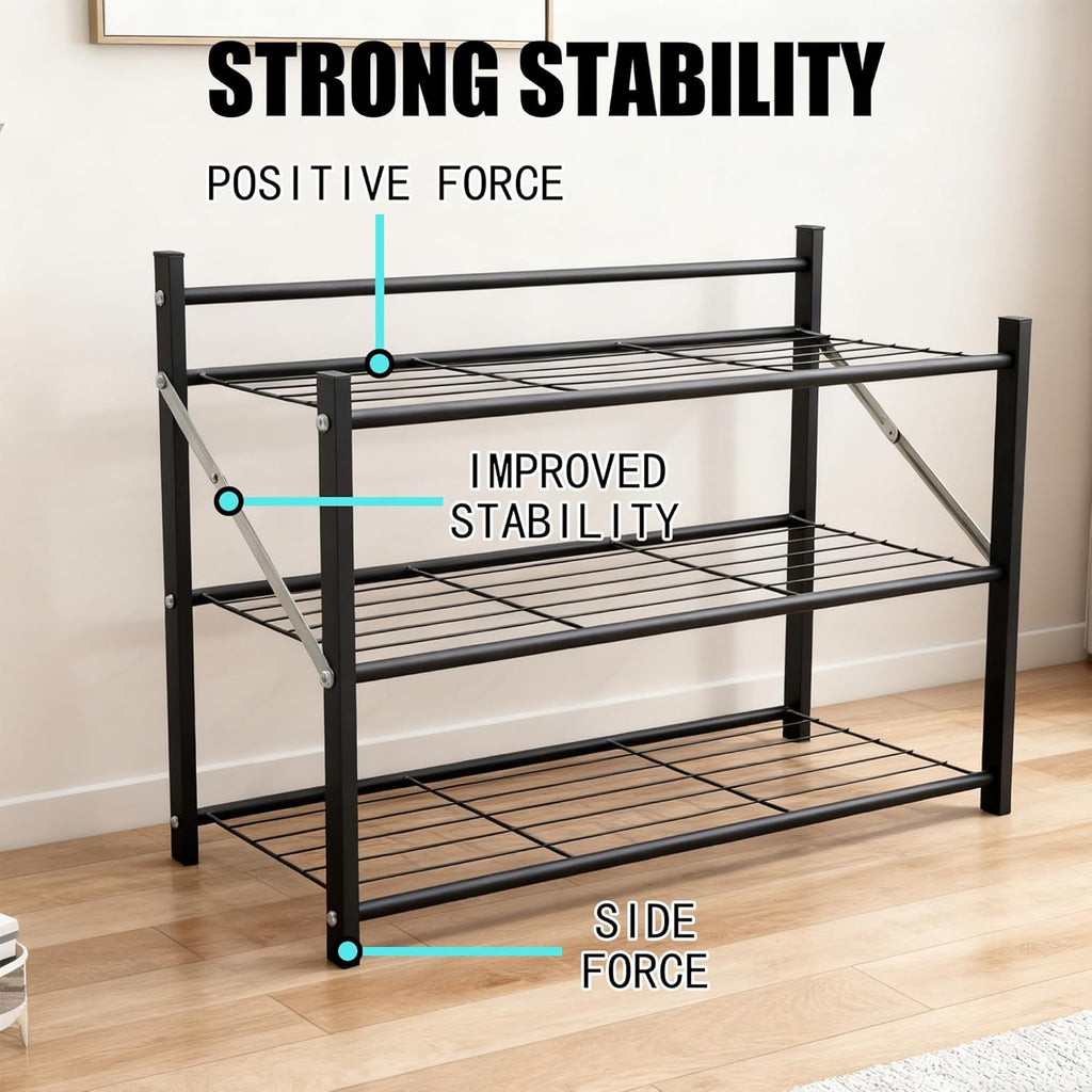 3-Tier Folding Metal Shoe Rack, Heavy Duty Free-Standing Storage Shelf for Entryway, Bedroom, Gym, Holds Shoes, Dumbbells, Multi-Purpose Organizer with Reinforced Stability