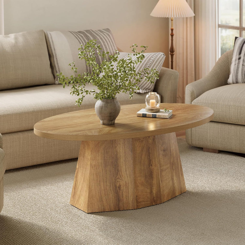 Oval Coffee Table, 47-Inch Living Room Table with Polygonal Pedestal, Modern Center Accent Furniture, Child-Friendly, Easy Assembly, Yellowish Brown