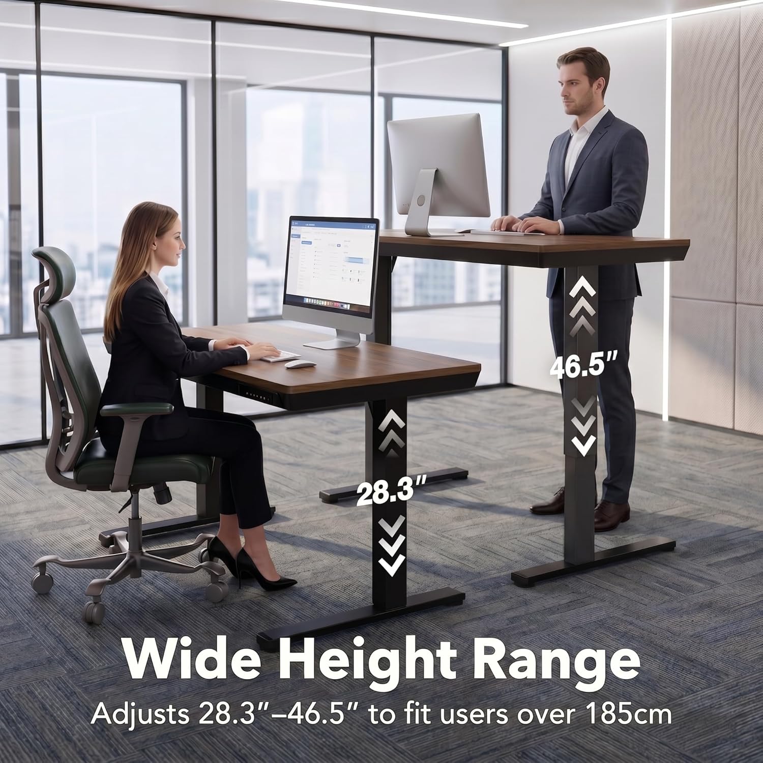 HUANUO 35 X 20 Inch Standing Desk with Drawers, Electric Adjustable Height Desk, Quick Install One-Piece Tabletop with USB Charging Ports, Sit to Stand Up Desk for Home Office, Black Walnut