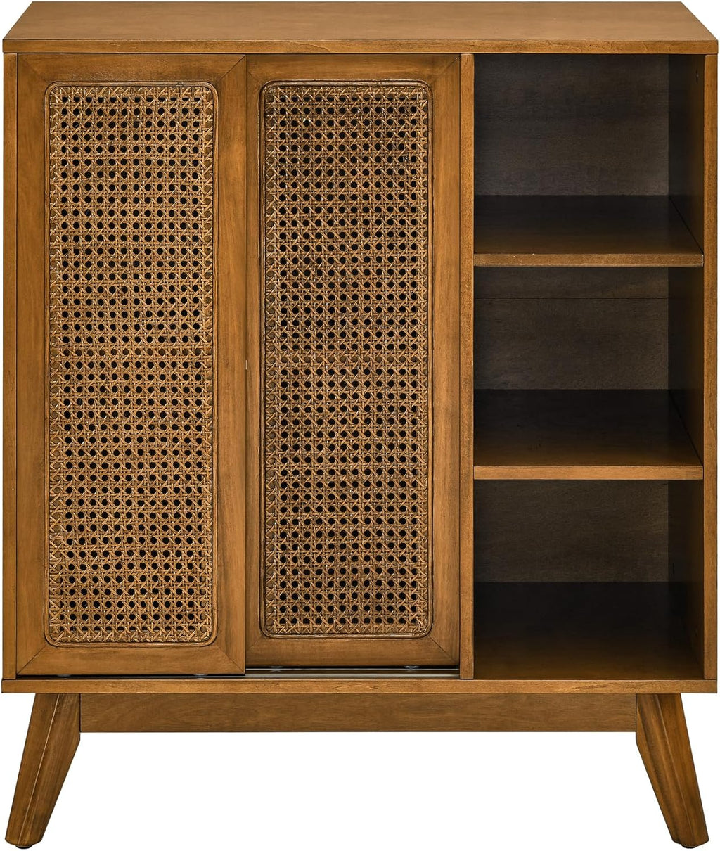 Ball & Cast 32" Mid Century Modern Rattan Sideboard Cabinet with 2 Sliding Doors, Buffet Cabinet w/Adjustable Shelf & Solid Wood Legs for Entryway, Living Room, Kitchen,Dining Room, Light Walnut