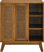 Ball & Cast 32" Mid Century Modern Rattan Sideboard Cabinet with 2 Sliding Doors, Buffet Cabinet w/Adjustable Shelf & Solid Wood Legs for Entryway, Living Room, Kitchen,Dining Room, Light Walnut