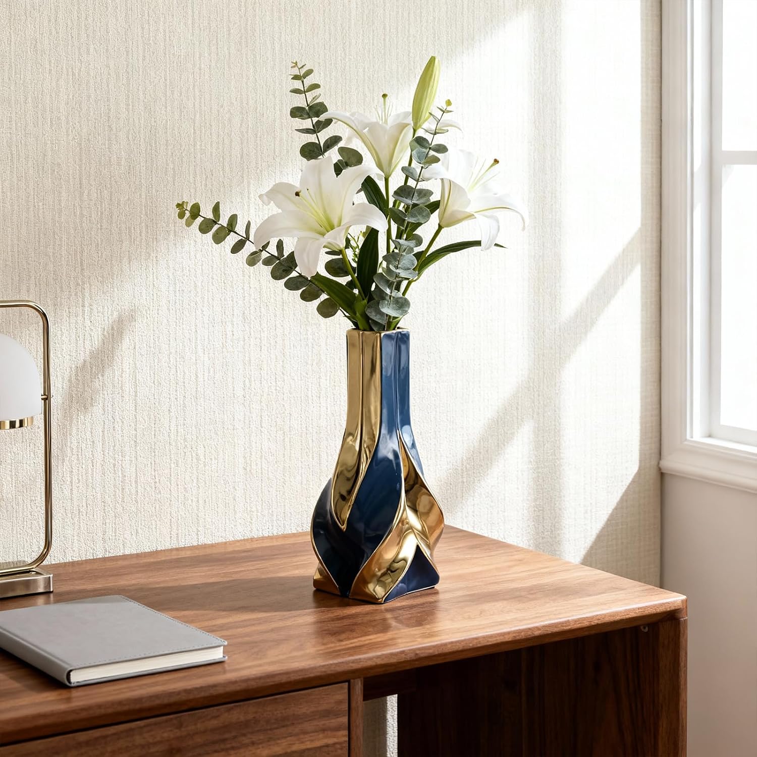 10.6" Blue and Gold Ceramic Vase, Modern Geometric Flower Vase for Dining Table Centerpiece, Elegant Decorative Vase for Pampas Grass, Living Room, Bedroom, Office, Tabletop Decoration