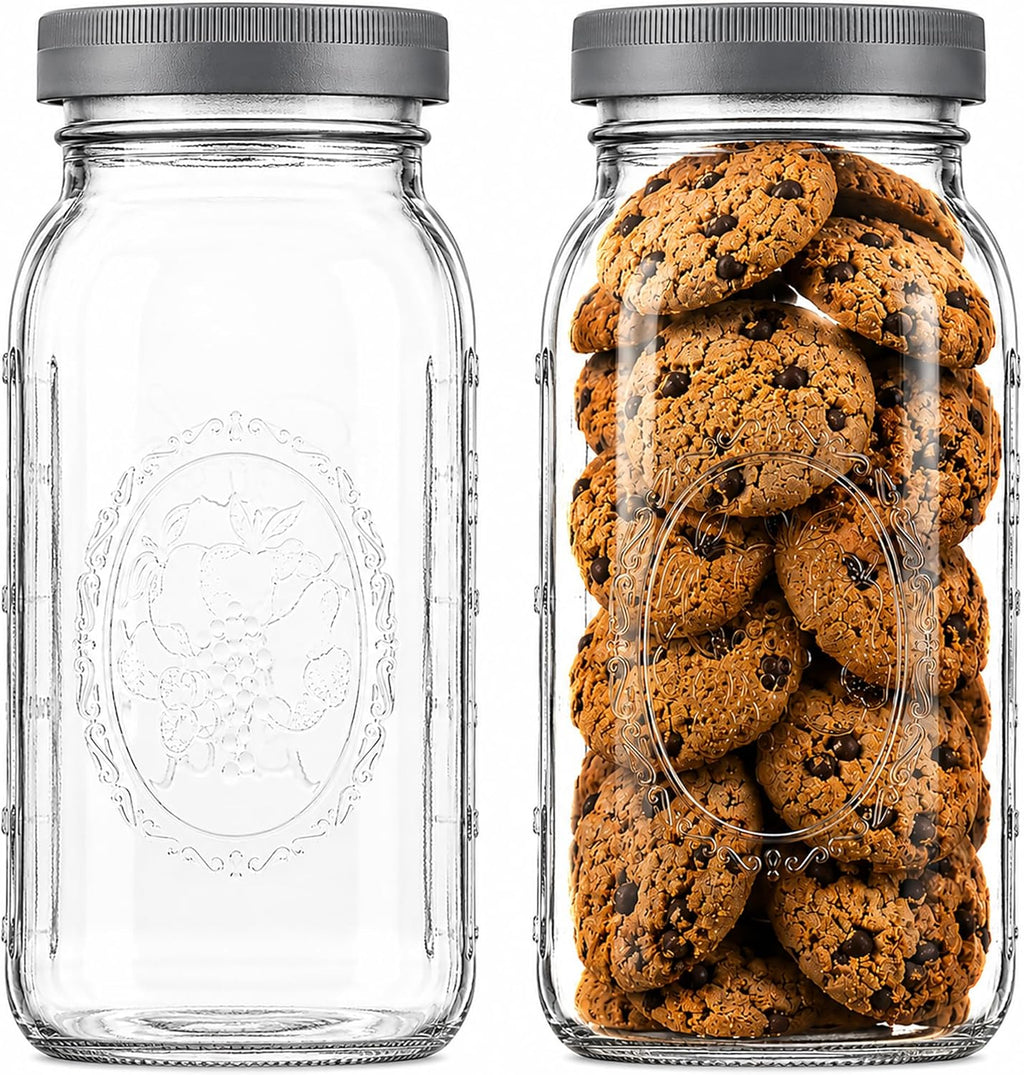 Wide Mouth Mason Jars 64 oz [2-Pack] with Airtight Lids – Large Glass Storage Jars for Pasta, Cookies, Dry Goods & Infused Water | BPA-Free Leak-Proof Lids