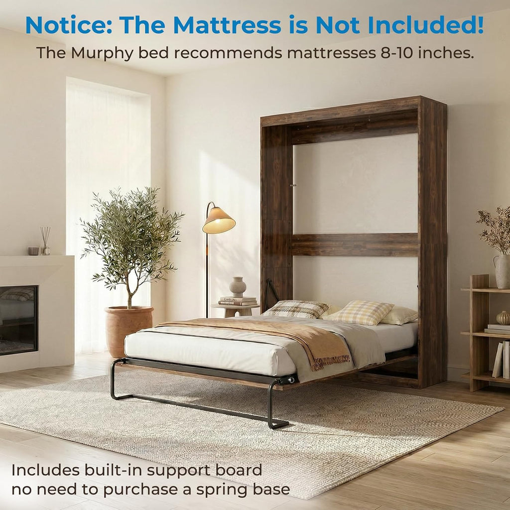 Mjkone Cabinet Beds Queen Size, Hidden Murphy Wall Bed, 64.6" W Queen Murphy Cabinet Chest Beds with 16 Colors of LED Lights, Space-Saving Design Guest Bed for Apartment, Offices, Small Space, Brown