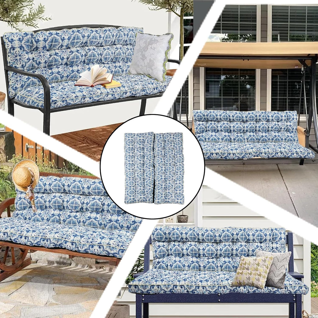 Porch Swing Cushion Three Seat, Waterproof Swing Cushions Replacement with Backrest, Outdoor Garden Furniture Patio 4" Thickened Cushions with Ties (Blue Print, 40 x 63in)