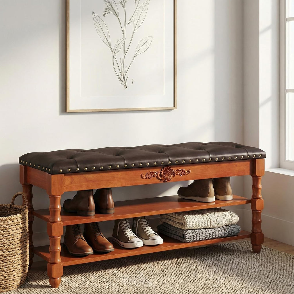 39-inch End of Bed Bench, Faux Leather Tufted Storage Bench with Lift Top Seat and 2 Tier Storage Shelves, Bedroom Bench Footrest Stool with Hidden Storage and Wood Leg, Vintage Style