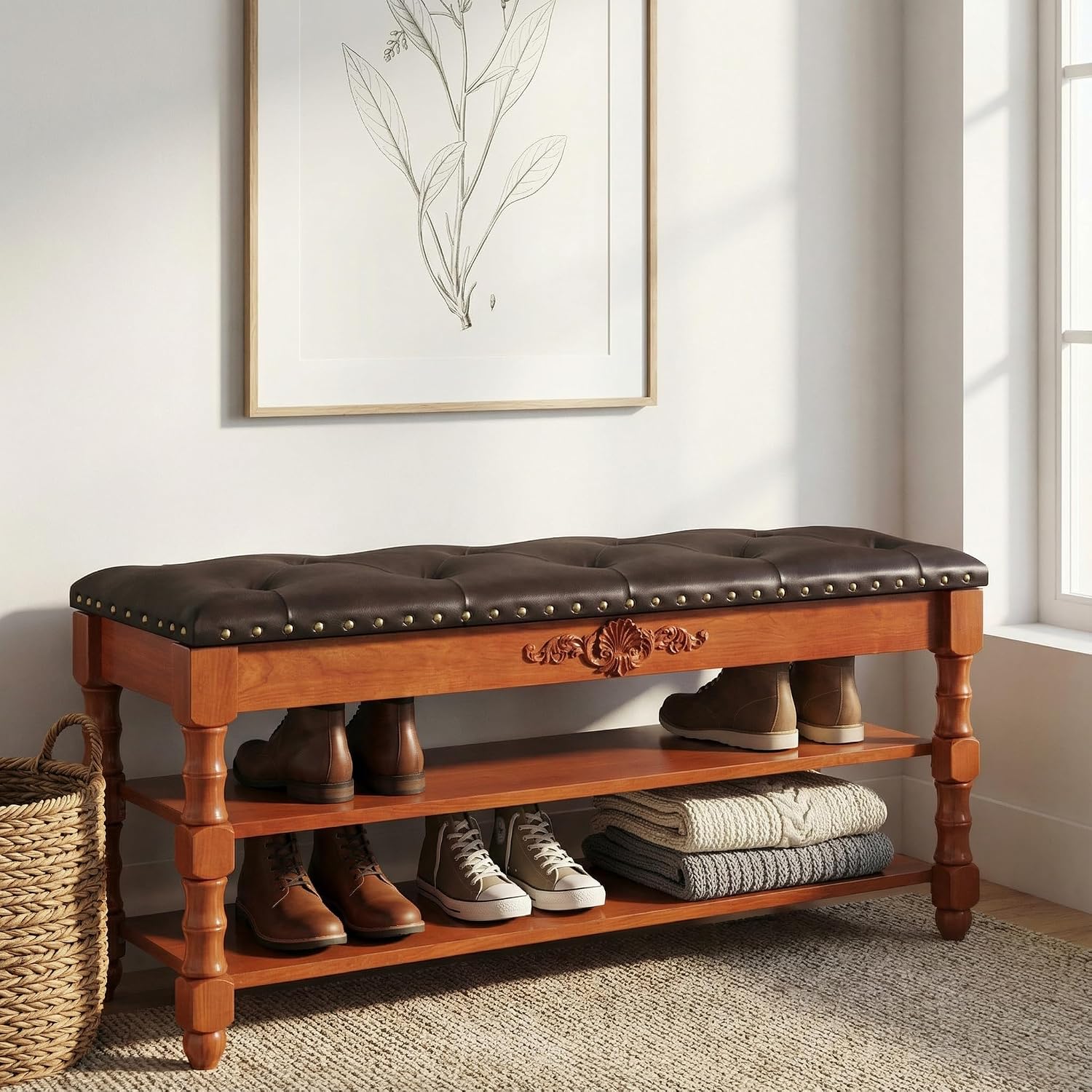 39-inch End of Bed Bench, Faux Leather Tufted Storage Bench with Lift Top Seat and 2 Tier Storage Shelves, Bedroom Bench Footrest Stool with Hidden Storage and Wood Leg, Vintage Style