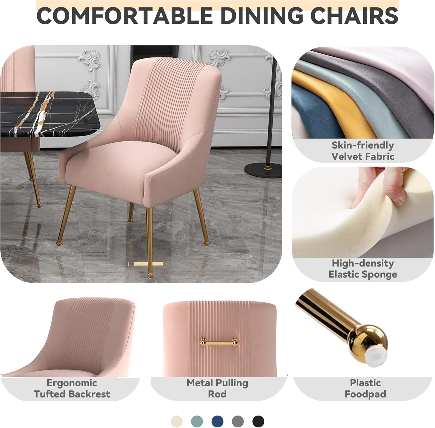 Modern Dining Chairs, Velvet Upholstered Dining Room Chairs with Gold Legs,Tufted Accent Chair Set of 2 for Reception Room Living Room Study Room(Pink)