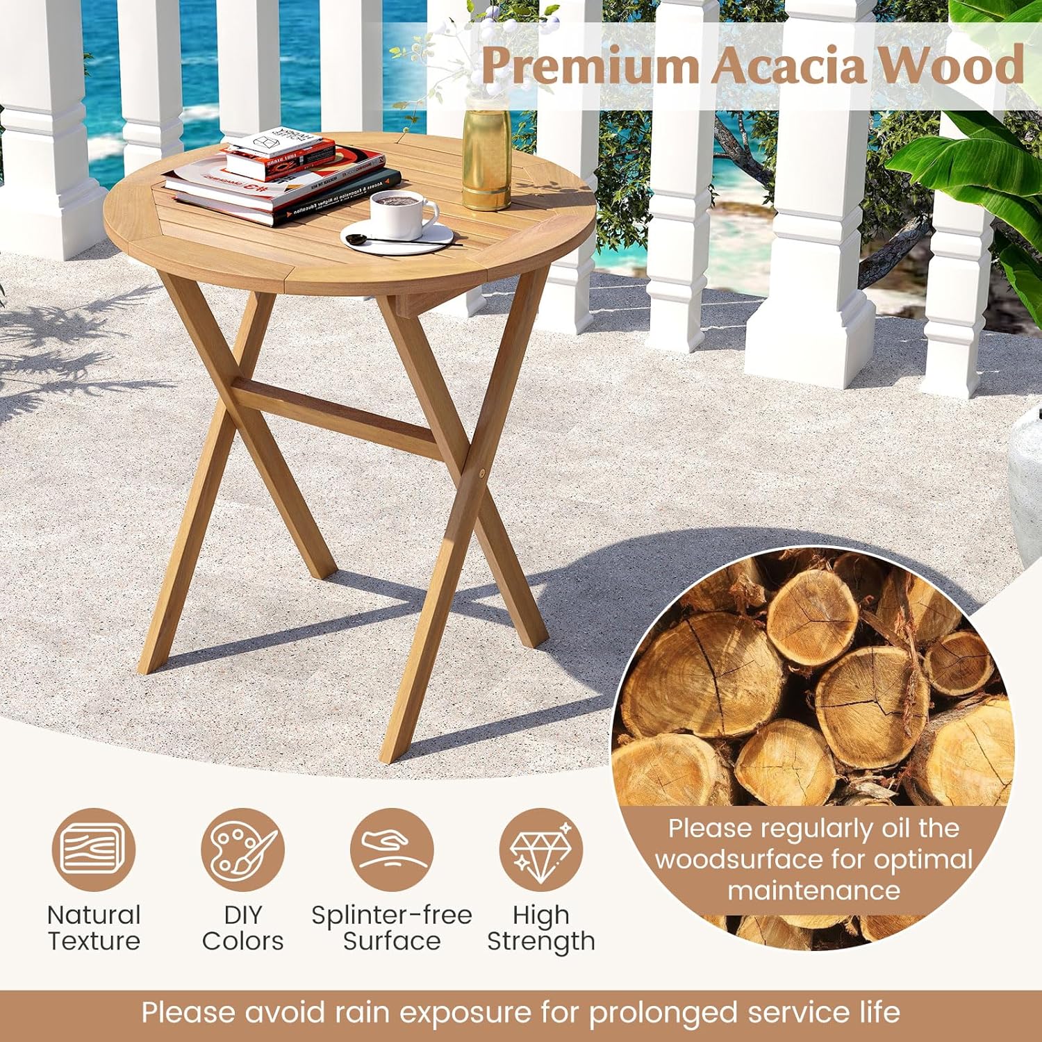 Tangkula 26-Inch Acacia Wood Outdoor Dining Table, Folding Round Patio Bistro Table with Slatted Tabletop & X-Shaped Frame, Outside Dining Table for Porch, Garden, Backyard, Poolside