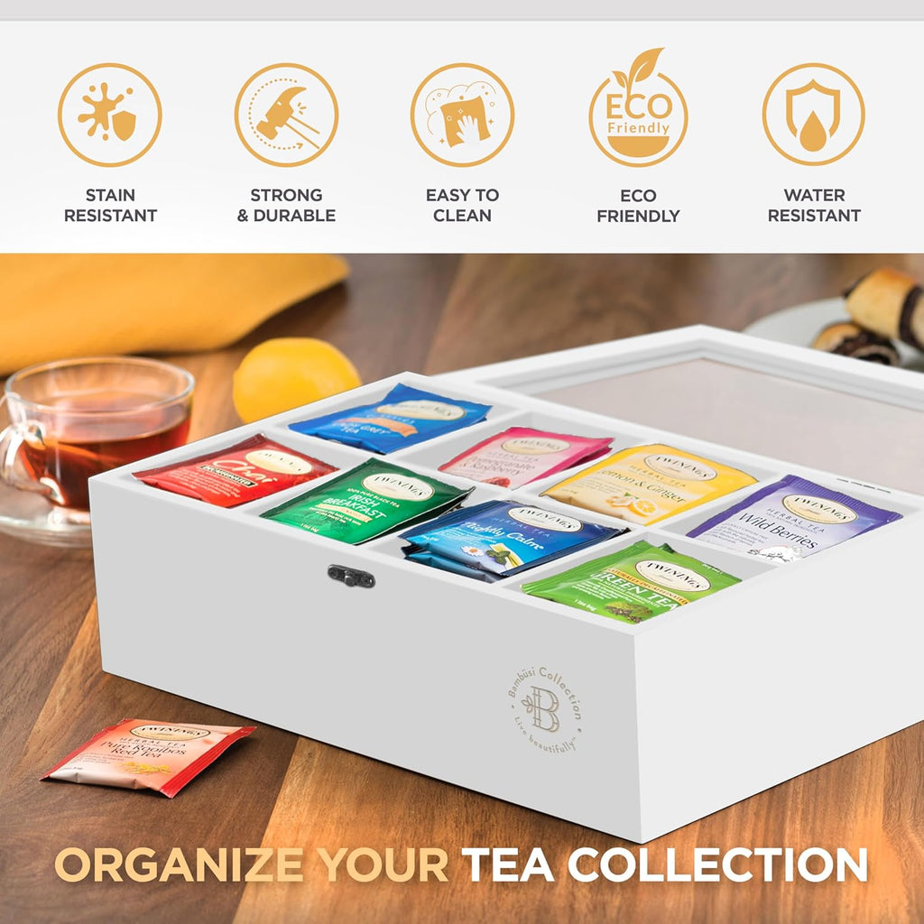 Tea Bag Organizer with Drawer - Bamboo Tea Box Organizer, 8-Compartment Tea Storage Box with Acrylic Lid and Magnetic Closure, Tea Box for Kitchen Counter, Gifts for Mom, Wife, Tea Lovers (White)