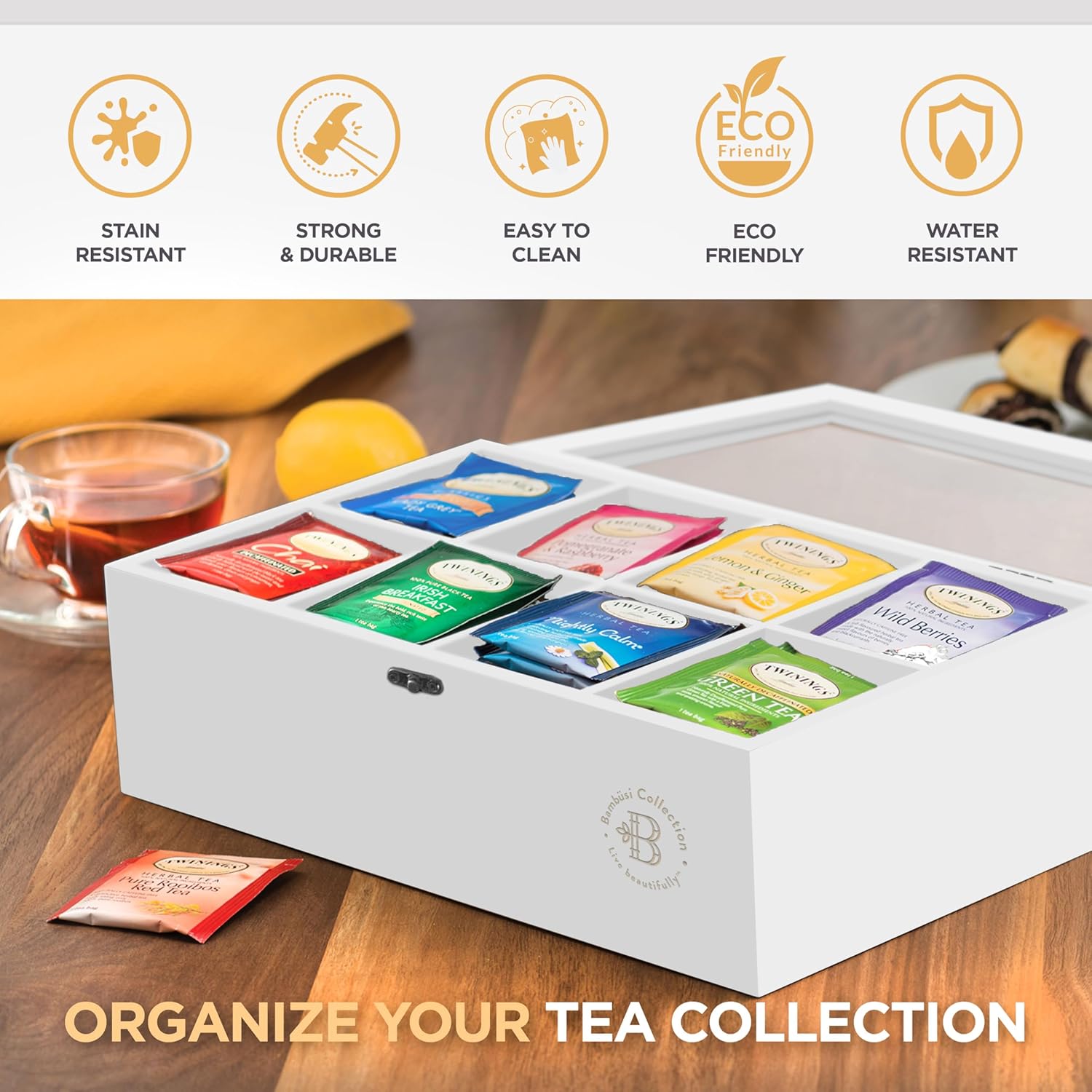 Tea Bag Organizer with Drawer - Bamboo Tea Box Organizer, 8-Compartment Tea Storage Box with Acrylic Lid and Magnetic Closure, Tea Box for Kitchen Counter, Gifts for Mom, Wife, Tea Lovers (White)