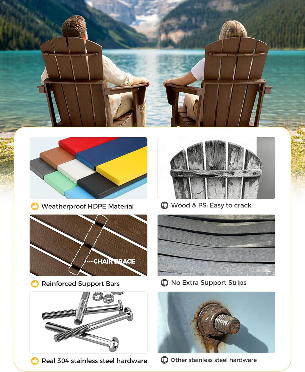 Folding Adirondack Chair Set of 4, Lightweight - Portable HDPE Patio Chair, All-Weather Space-Saving Foldable Fire Pit Seating for Camping, Backyard, Deck-Coffee