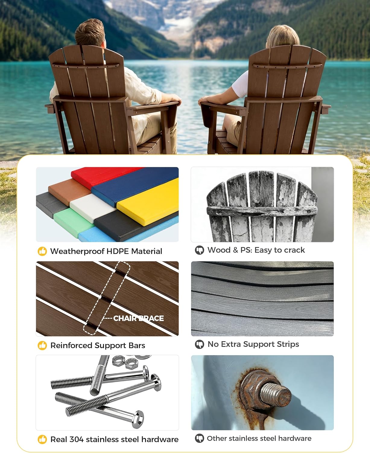 Folding Adirondack Chair Set of 4, Lightweight - Portable HDPE Patio Chair, All-Weather Space-Saving Foldable Fire Pit Seating for Camping, Backyard, Deck-Coffee