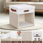 Ultra Thick Fabric Storage Cubes with Lids & Windows, 11-Inch Foldable Closet Storage Bins with 3 Handles, Home Decorative Boxes for Bedroom, Living Room, Dorm, Office (Beige & White)