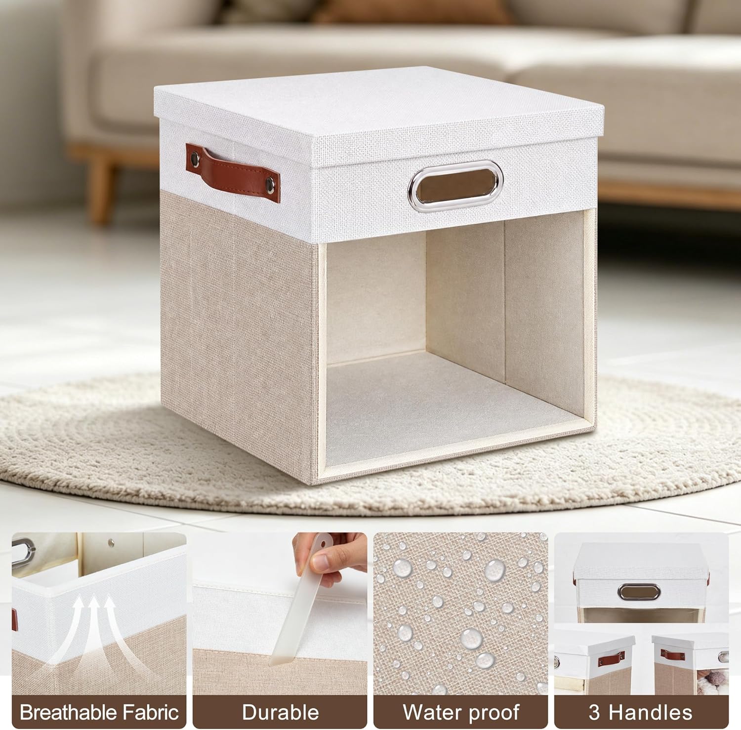 Ultra Thick Fabric Storage Cubes with Lids & Windows, 11-Inch Foldable Closet Storage Bins with 3 Handles, Home Decorative Boxes for Bedroom, Living Room, Dorm, Office (Beige & White)