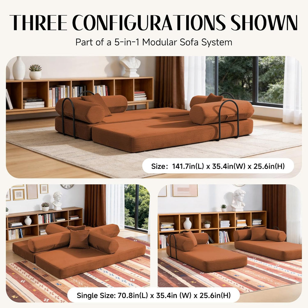 79" Corduroy Sofa Bed, Boneless Couch in a Box with 2 Pillows, High-Density Foam 4-in-1 Foldable Sleeper Futon Loveseat for Small Spaces, No Assembly, Side Pockets, Hex Arm Orange