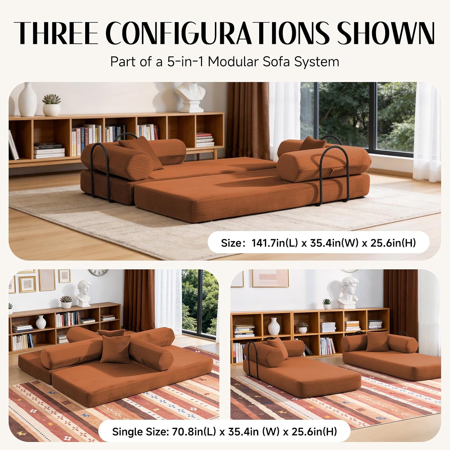 79" Corduroy Sofa Bed, Boneless Couch in a Box with 2 Pillows, High-Density Foam 4-in-1 Foldable Sleeper Futon Loveseat for Small Spaces, No Assembly, Side Pockets, Hex Arm Orange