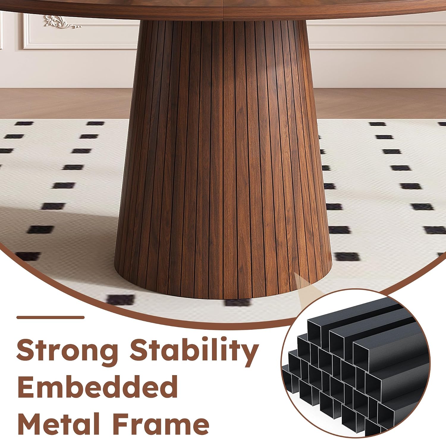 Round Dining Room Table, Farmhouse Kitchen Table with Wood Strip Base, 47.2“ Circle Table with Walnut Veneer Finish, Easy Assembly