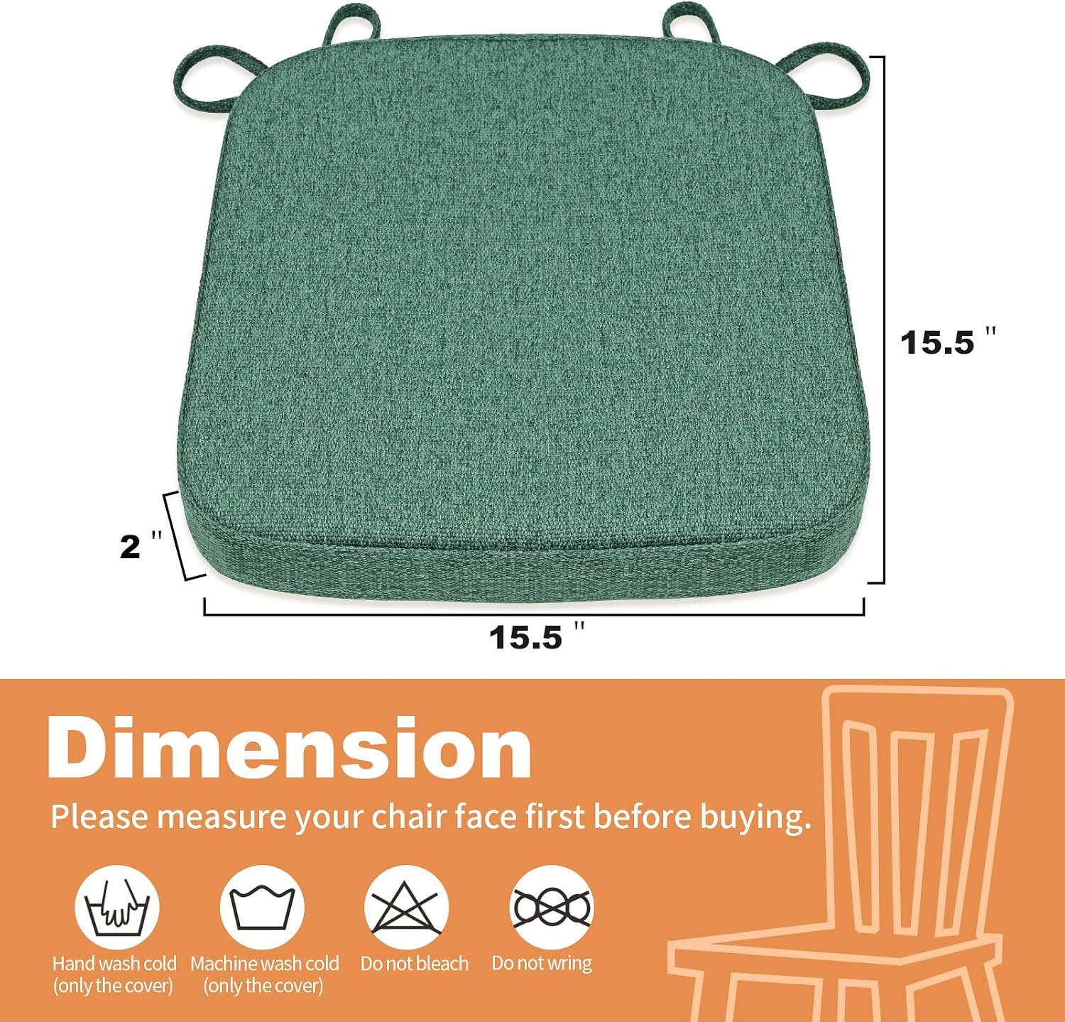 SINOSSO Memory Foam Chair Cushion for Folding Chair 1 Pcs, Thickened 2" Square Kitchen Chair Pad with Ties, Indoor Non-Slip Dining Chair Seat Cushion (1 Piece, Green)