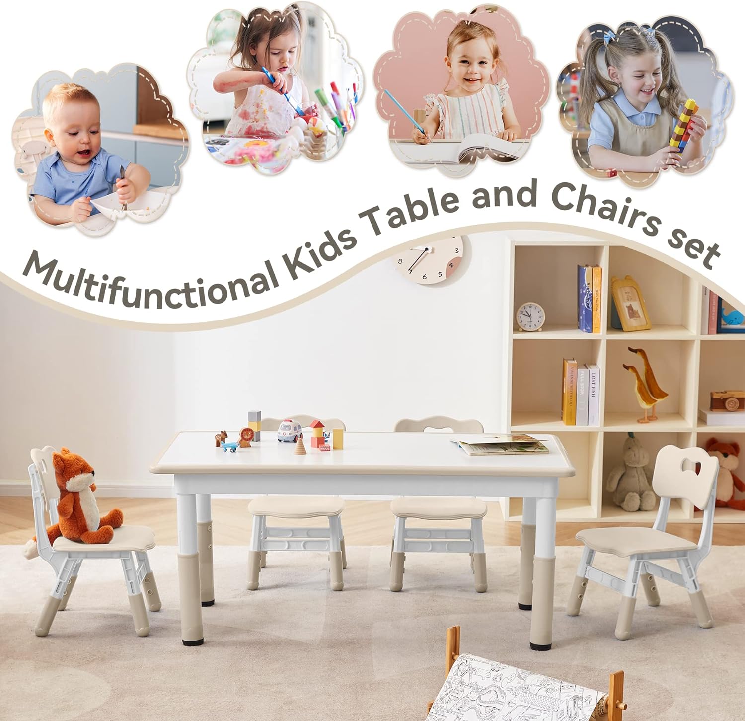 GITAWUSA Kids Study Table and Chairs Set, Height Adjustable Toddler Table and Chair Set for Kids Ages 3-8, Graffiti Desktop (Burlywood - 1)