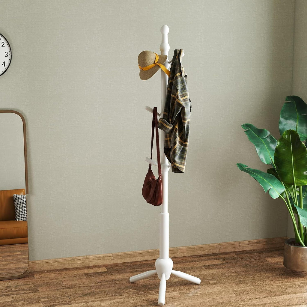 Solid Wood Coat Rack Stand, Morden Heavy Duty Coat Hanger Stand with 9 Hooks, 3 Adjustable Size Sturdy Coat Tree for Living Room, Entryway, Office, Hallway, White