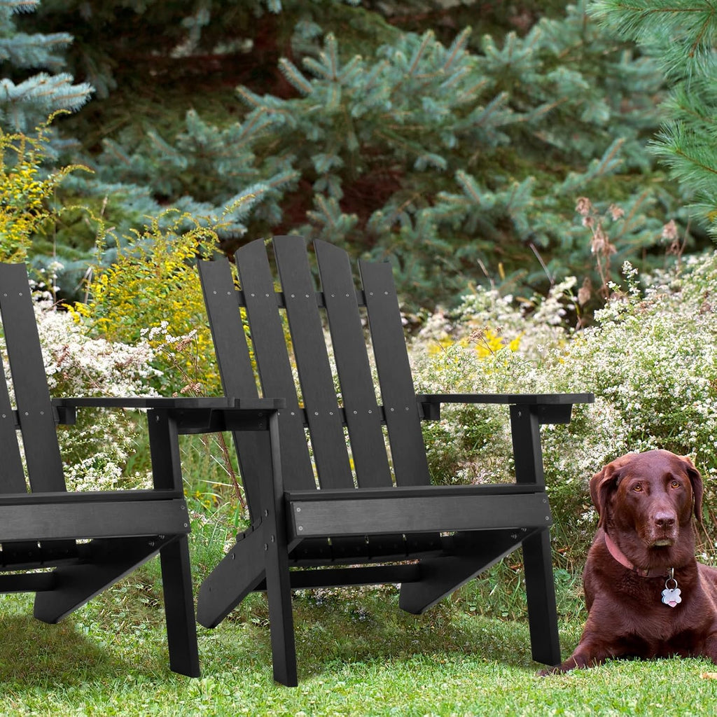 Melucivi Adirondack Chair Weather Resistant with Cup Holder, Fire Pit Chair Patio Outdoor Garden Resin Adirondack Chair for Adult, Black