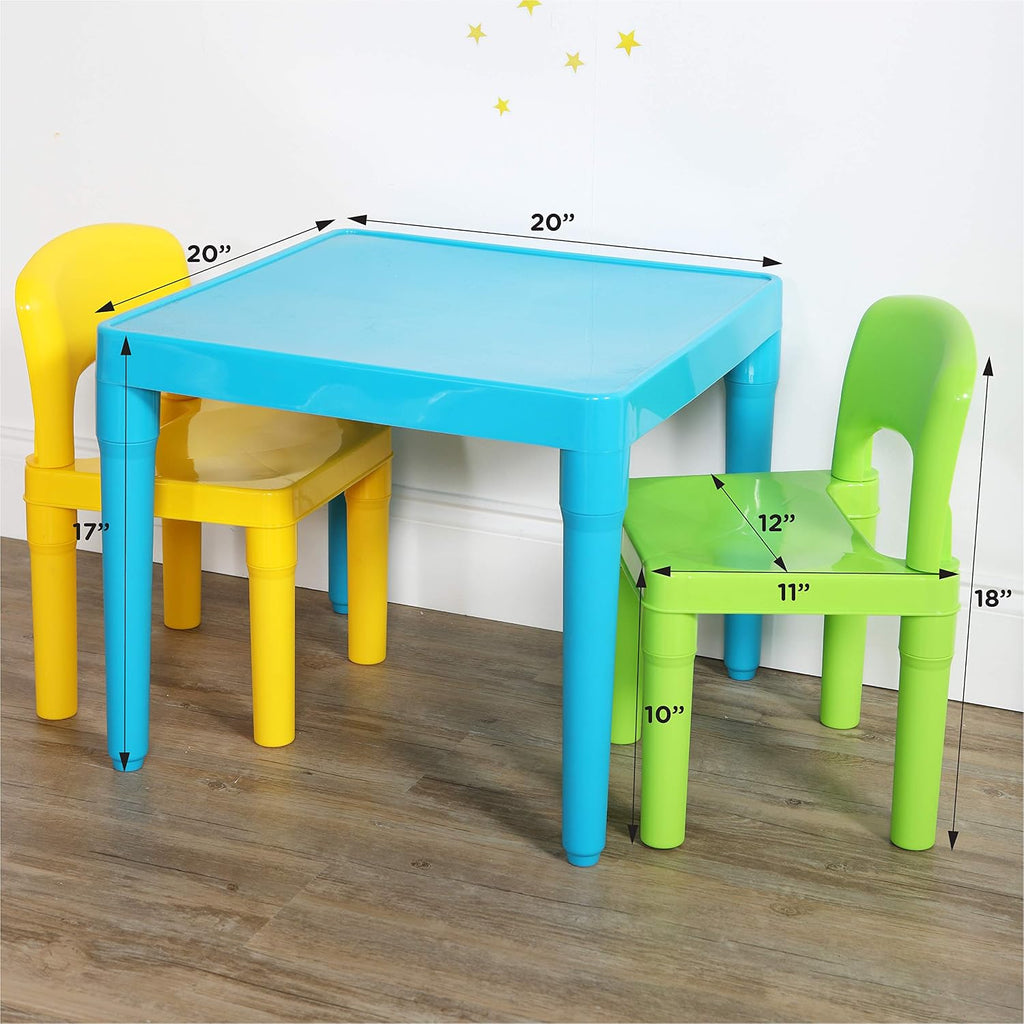 Humble Crew Kids Plastic Table and Chair Set, Toddler Activity Table with 2 Chairs, Lightweight Easy-Clean Kids Desk for Play, Snacks & Crafts, Indoor Outdoor Playroom Furniture, Aqua/Green/Yellow