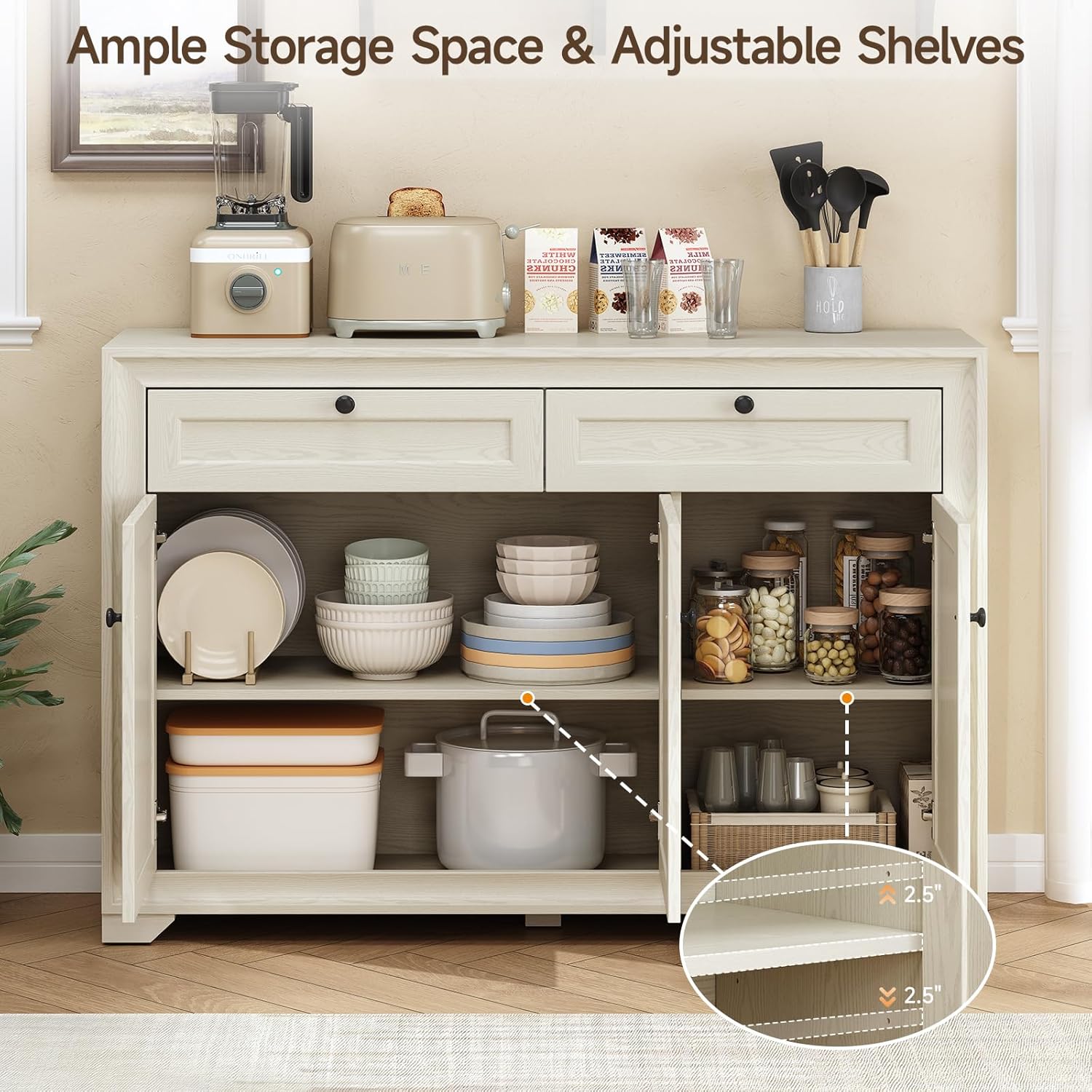 ONBRILL 48 Inches Sideboard Buffet Cabinet with Storage, Farmhouse Sideboard with 2 Drawers and 3 Doors, Wood Coffee Bar Cabinet with Adjustable Shelves for Living Room, Kitchen, Hallway, White