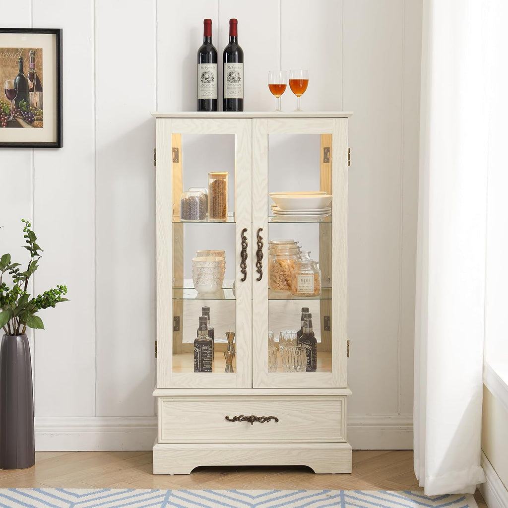 47" H Lighted Curio Cabinet Display Case, Glass Case with Adjustable Shelves,Tempered Glass Door and Drawer, Wooden Curio Cabinet with Mirrored Back Pane for Living Room (Antique White)