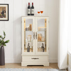 47" H Lighted Curio Cabinet Display Case, Glass Case with Adjustable Shelves,Tempered Glass Door and Drawer, Wooden Curio Cabinet with Mirrored Back Pane for Living Room (Antique White)
