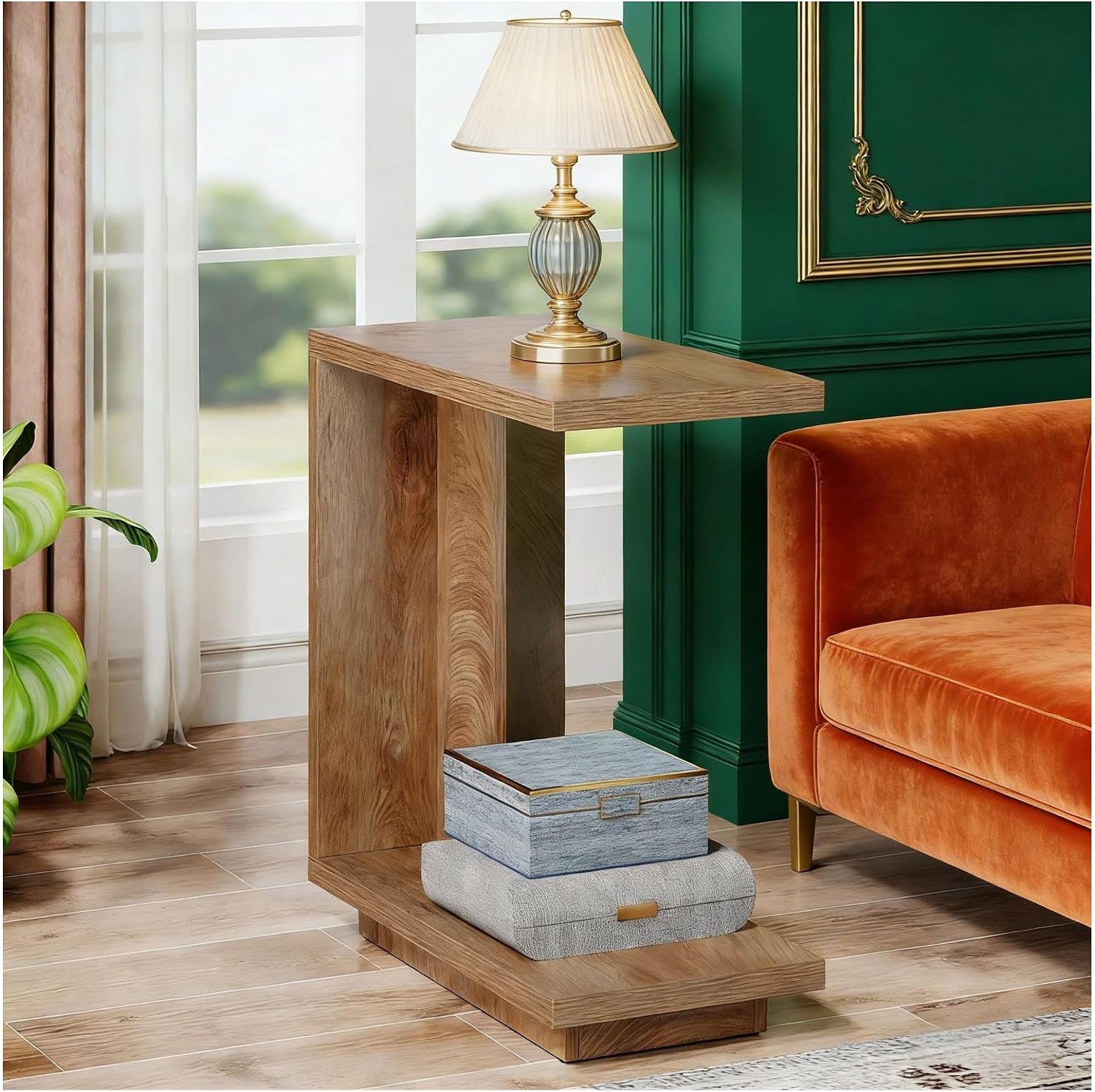 C Shaped End Table, Wood Side Table Nightstand - Bedside Table with 2 Shelves, Modern Living Room Small Accent Table