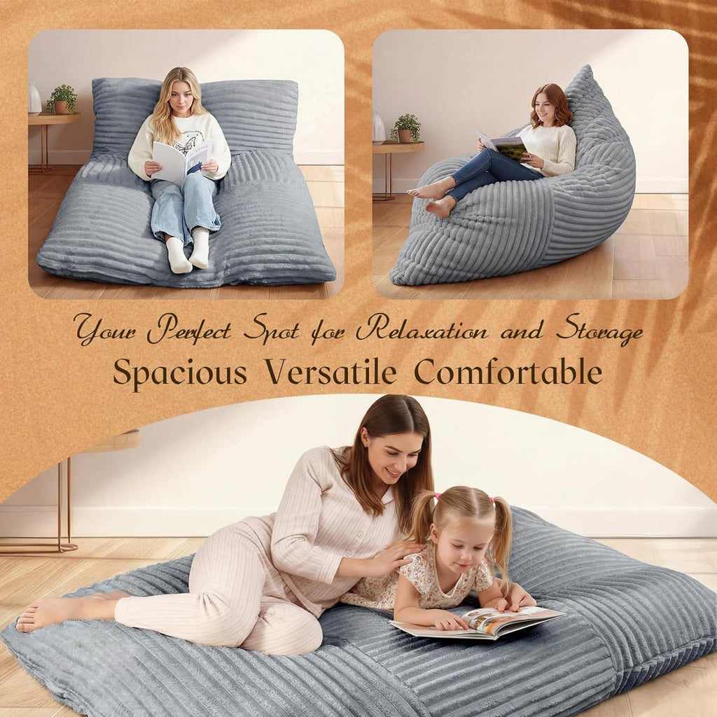 Honeydak 3 in 1 Giant Bean Bag Cover Only(No Filler) Rectangle Stuffed Animal Storage Bean Bag Chair Cover Soft Washable Large Storage Beanbag Adult Plush Toy Clothe Pillow(Light Grey,Rabbit Fur)
