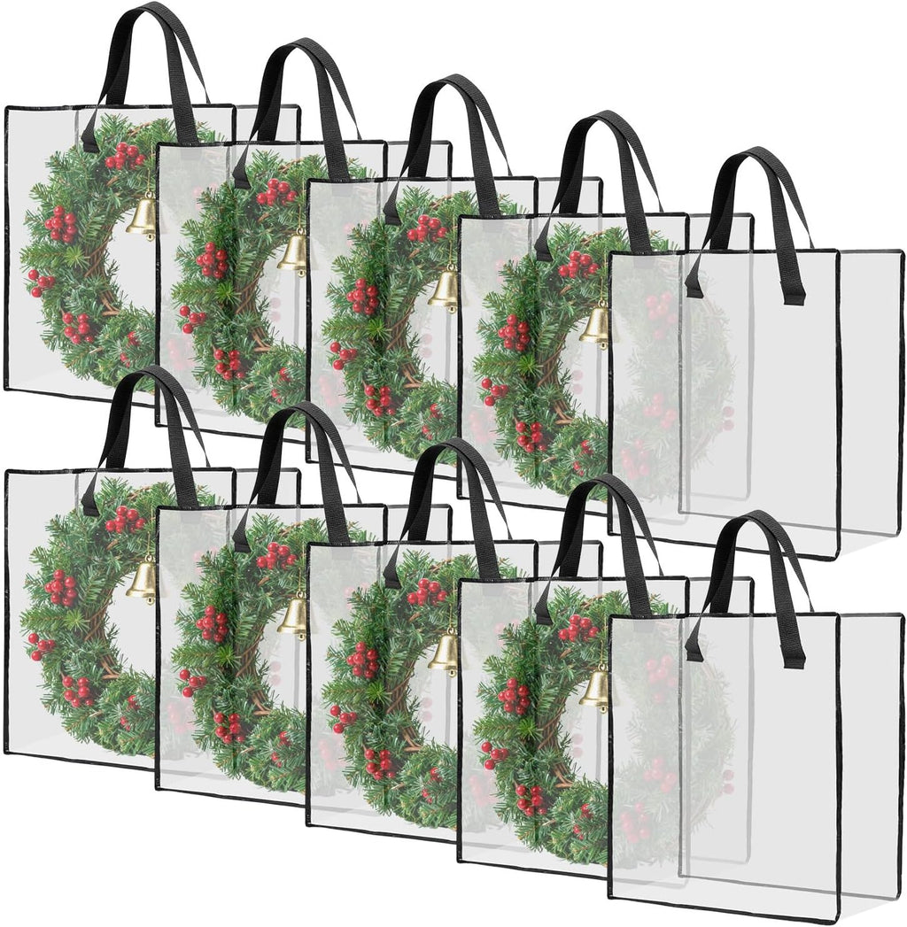 HFKPJRT 10 Pack Wreath Storage Bag, 26" 90 L Garland Container, Wreath Bags for Halloween Christmas Decorations, Large Clear Moving Bags with Handle, Under The Bed Storage for Bedding, Clothing, Toys