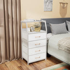Furnulem Tall Nightstand with 4 Fabric Drawers, Small Dresser for Bedroom | White Dorm Bedside Table , Dresser for Closet, Storage Drawer for Living Room, Entryway, Furniture, Metal Frame, Wood Top