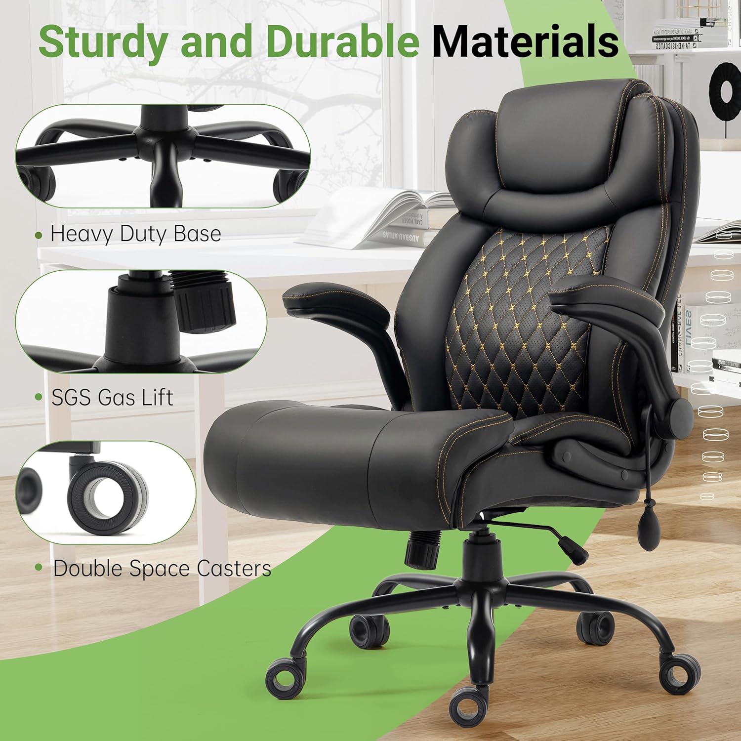 Office Chair, Big and Tall Executive Chairs with Lumbar Support for Back Pain, Breathable Desk Computer Chair with Adjustable Flip-up Armrests, Wide Cushion Swivel Home Office Chair Black PU