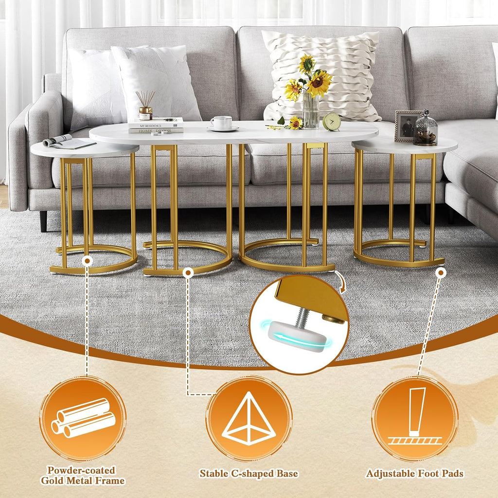 Giantex Nesting Coffee Table Set of 3, Stacking Side Tables with Faux Marble Tabletop & Gold Metal Frame, Oval Coffee Table & 2 Round End Tables, 3-Piece Modern Living Room Table Set for Apartment