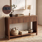 Seang Fluted Sofa Table with Power Outlets,47" Narrow Console Table with 2 Drawers Behind Couch,Curved Entryway Tables with Open Storage for Entrance,Hallway,Living Room,Dark Walnut