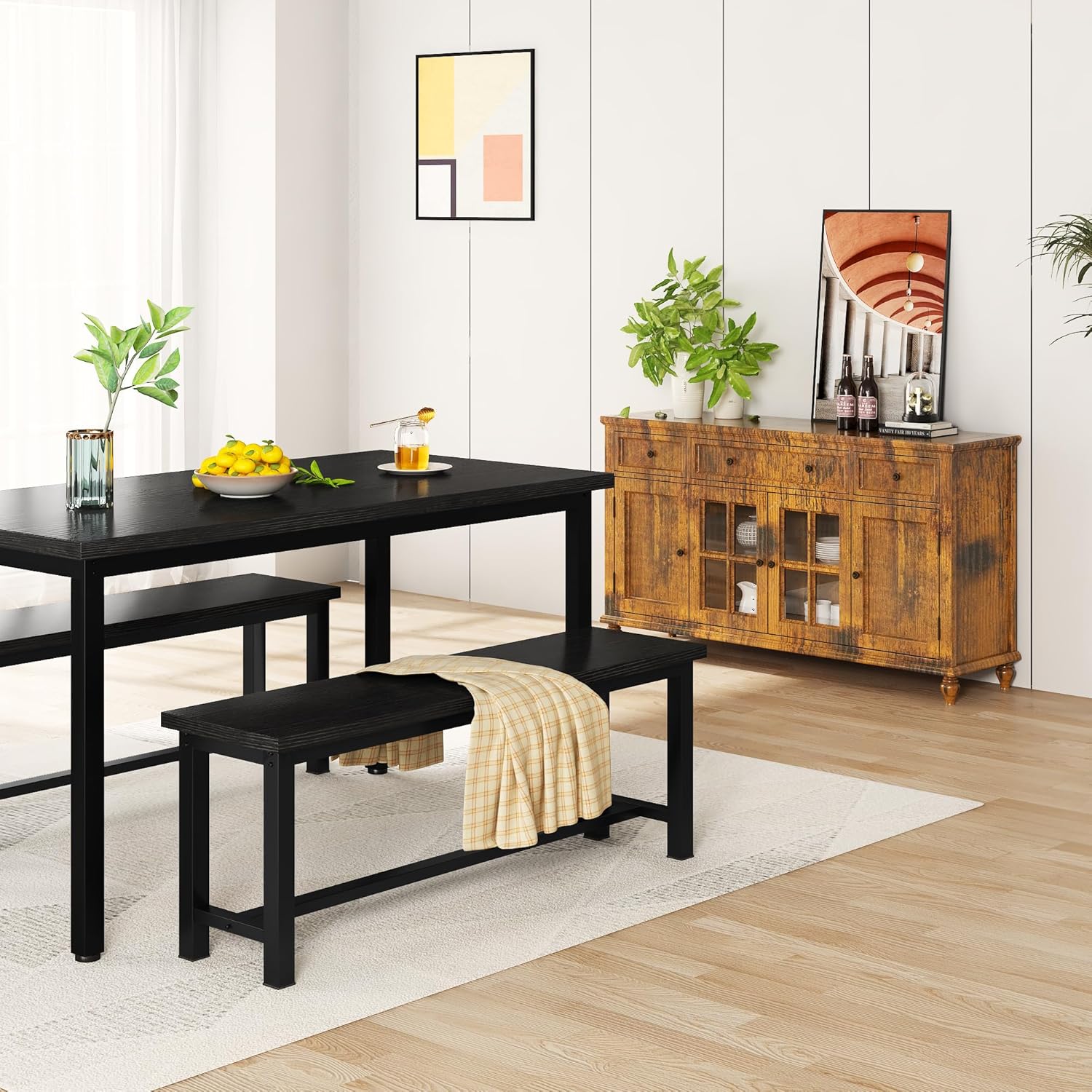 AWQM Table Bench, Pair of 2, Dining Bench, Thickened Steel Frame, Wood Bench, Industrial Style, for Kitchen and Dining Room, 12''Dx38.5''Wx17''H, Rustic Black