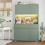 FINETONES 71" Pantry Cabinet with Power Outlets and Led Lights, Large Kitchen Hutch Storage with Microwave Stand, Tall Pantry Kitchen Cabinet with Cupboard, Green