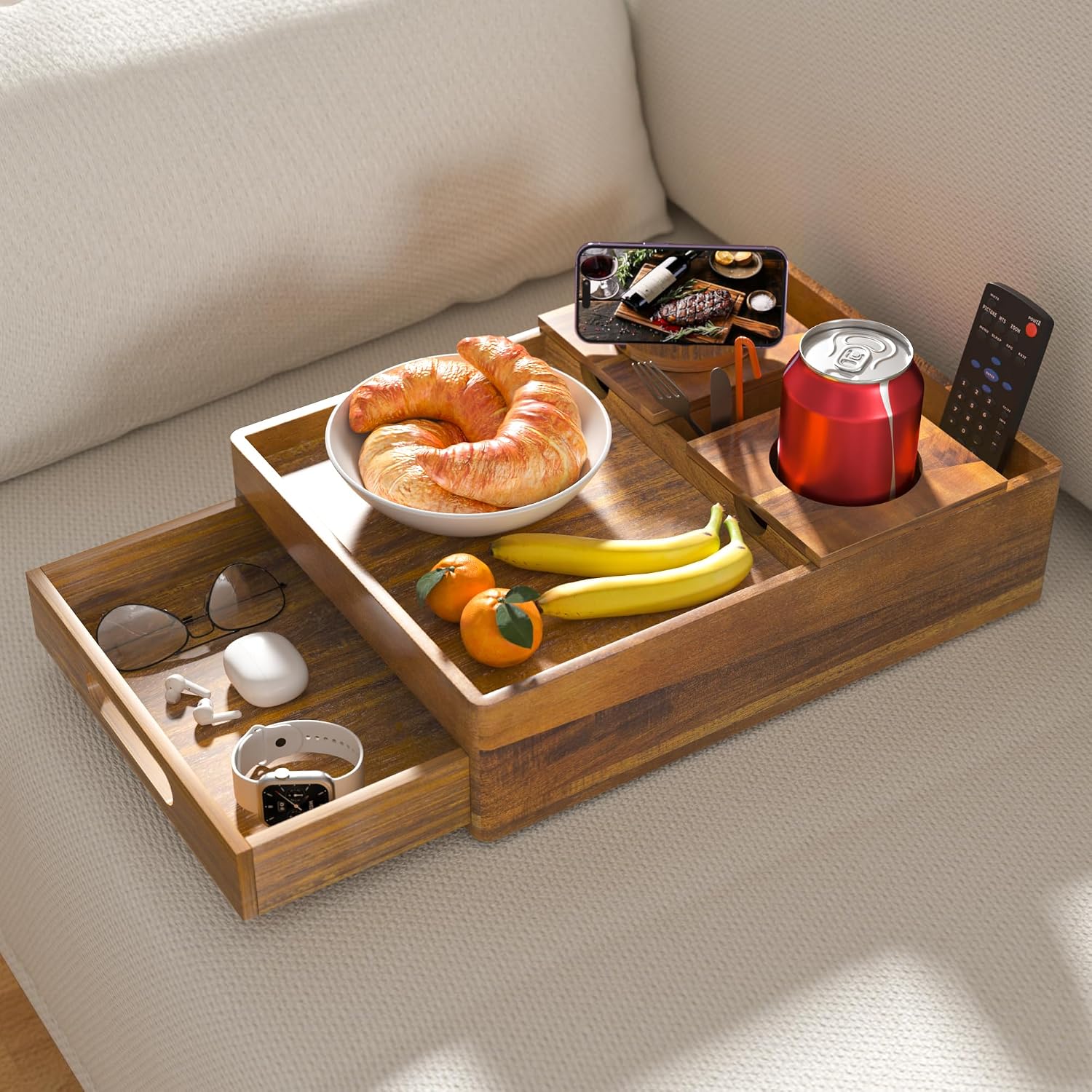 Acacia Wood Couch Cup Holder, 7-in-1 Couch Caddy Tray, Sofa Side Table with Push-Pull Drawer to Organize and Store Small Objects, 360°Swivel Phone Holder, for Drinks, Cups, Snacks, Remote