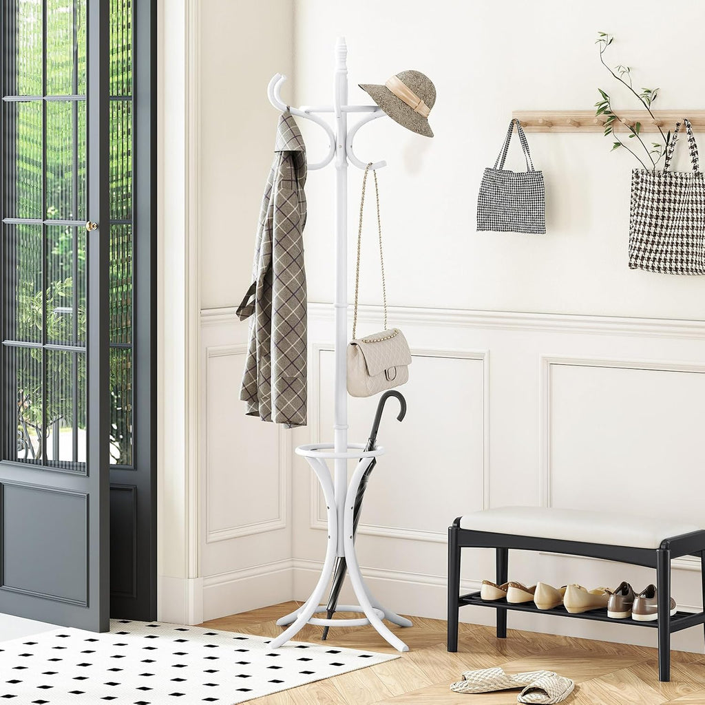 Tangkula Coat Rack with Umbrella Holder, 73 Inch Freestanding Coat Hanger Stand with 12 Hooks, Wooden Entryway Coat Tree for Clothes, Bags, Hats, Scarves, Living Room, Bedroom, Hallway (White)