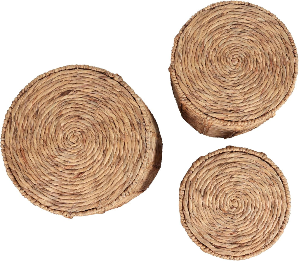 JONATHAN Y Zaria Water Hyacinth and Iron 3-Piece Nesting Table for Living Room with Drum Silhouette, Coastal Round Handwoven Side Tables, Natural TBL2503A-3SET