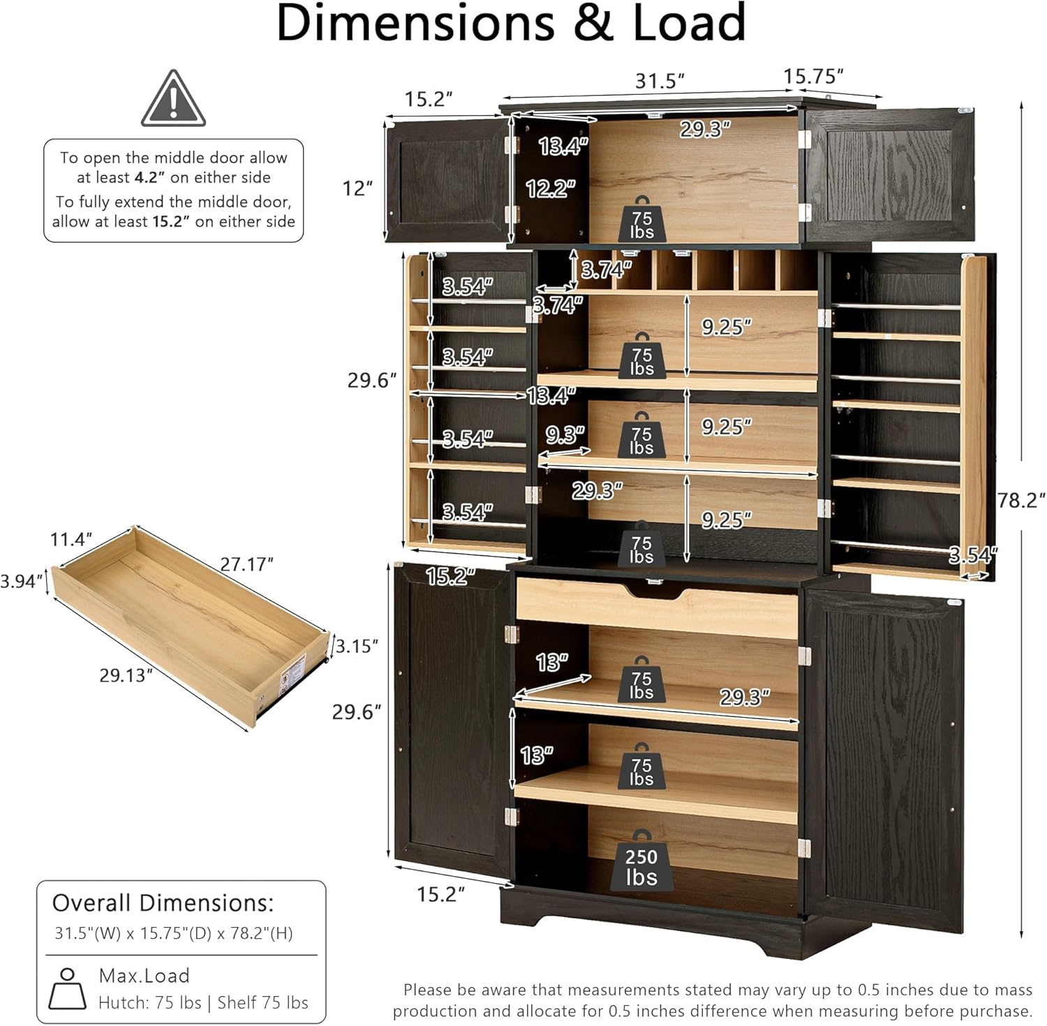 Virubi 78" Farmhouse Tall Kitchen Pantry Cabinet, Wood Storage Cabinets with Hidden Drawer and 4 Adjustable Shelves, Cupboard with Wine Rack and Door Shelves for Kitchen Dining Room, Black