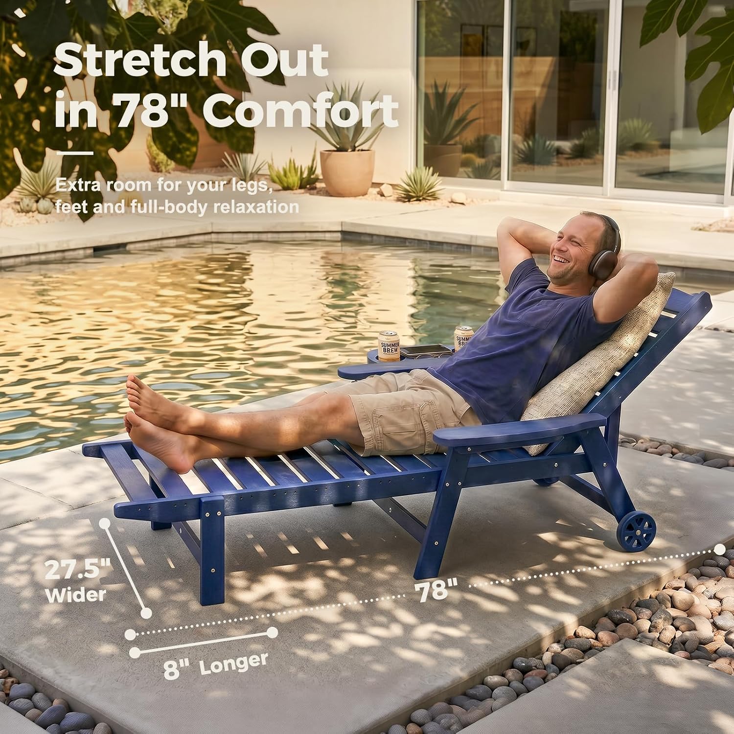 78" HDPE Chaise Lounge Chairs Set of 2, 6-Position Adjustable Poolside Recliner with Foldable Side Tray, Built-in Wheels, All Weather Waterproof Outdoor Patio Lounge Chair for Pool Deck Backyard, Navy