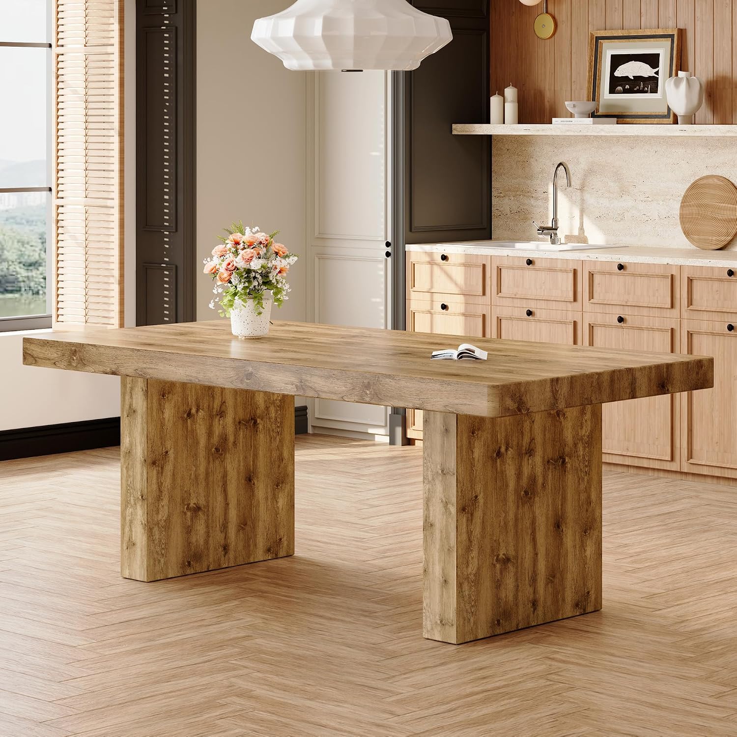Ebullient 79" Farmhouse Dining Table for 6-10, Rustic Wooden Kitchen Table with Thick Tabletop, Heavy Duty Large Rectangular Dining Table for Dining Room & Kitchen
