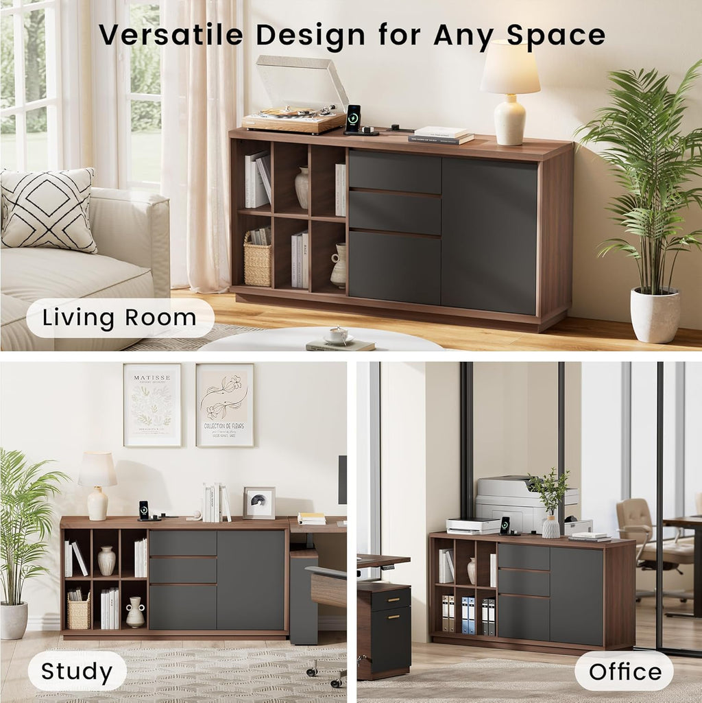 ModernMate File Cabinet with 3 Drawers and Door, Office Storage Cabinet with Charging Station, Home Office Printer Stand Fits Letter/A4 Size, 6 Open Cubes Storage, Adjustable Shelf, Black Walnut