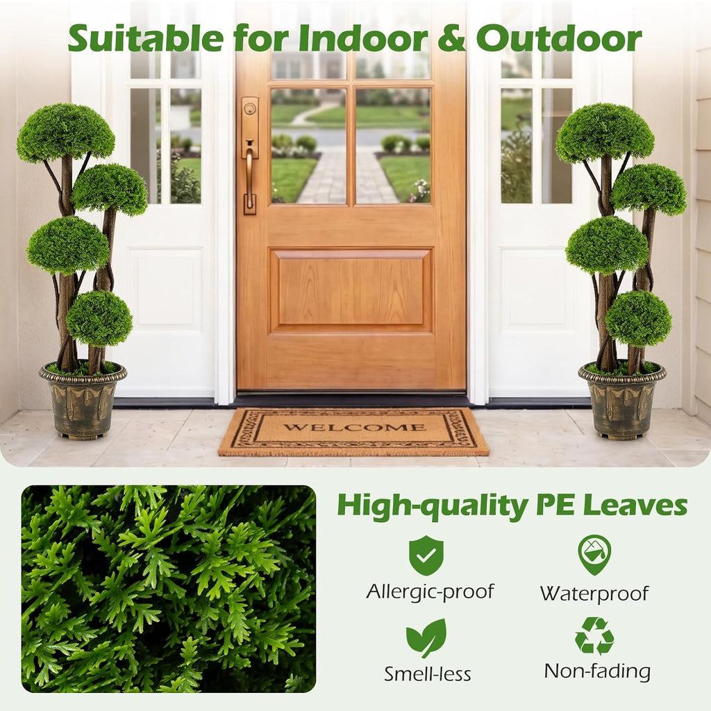 Goplus 3 FT Artificial Cypress Topiary Ball Tree, Faux Greenery Plant with Cement-Filled Planter, Vines, Real Wood Trunks, Indoor Outdoor Fake Shrub Plant for Office Home Front Porch Decor (2 Pack)