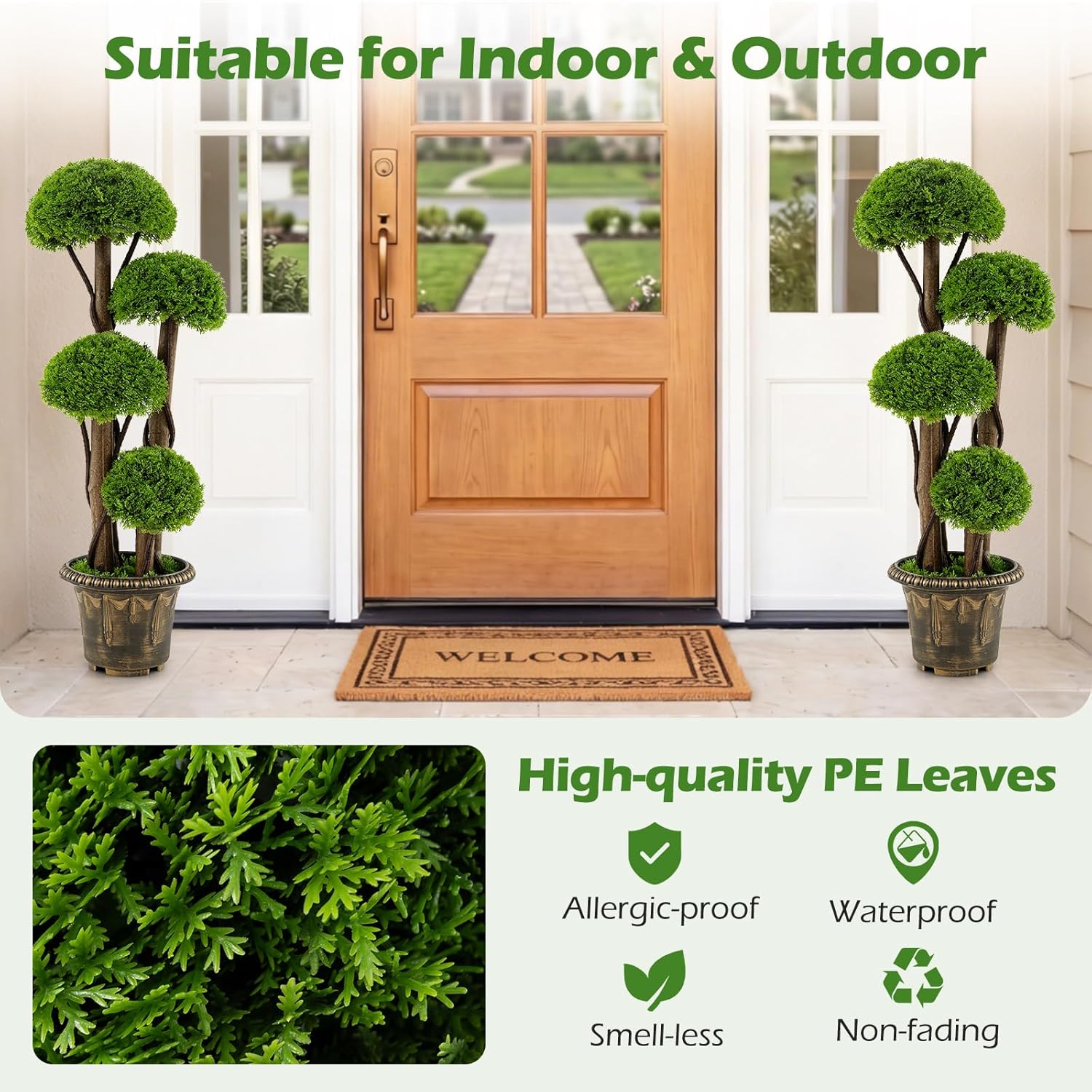 Goplus 3 FT Artificial Cypress Topiary Ball Tree, Faux Greenery Plant with Cement-Filled Planter, Vines, Real Wood Trunks, Indoor Outdoor Fake Shrub Plant for Office Home Front Porch Decor (2 Pack)