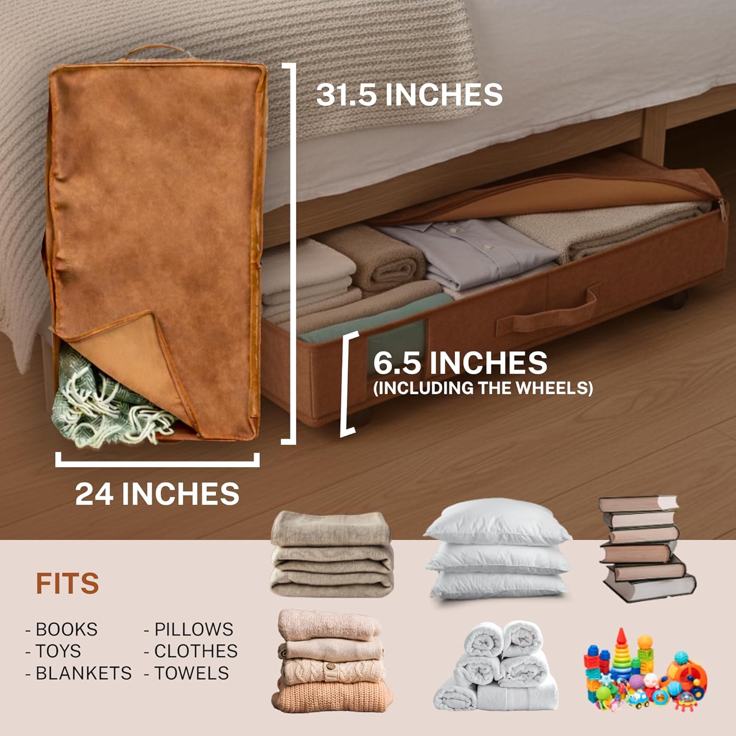 Premium Under Bed Storage with Wheels, Low Profile Rolling Storage Box in Vegan Leather with Metal Frame, Pull-Out Underbed Organizer for Bedroom or Closet, Housewarming or Wedding Gift
