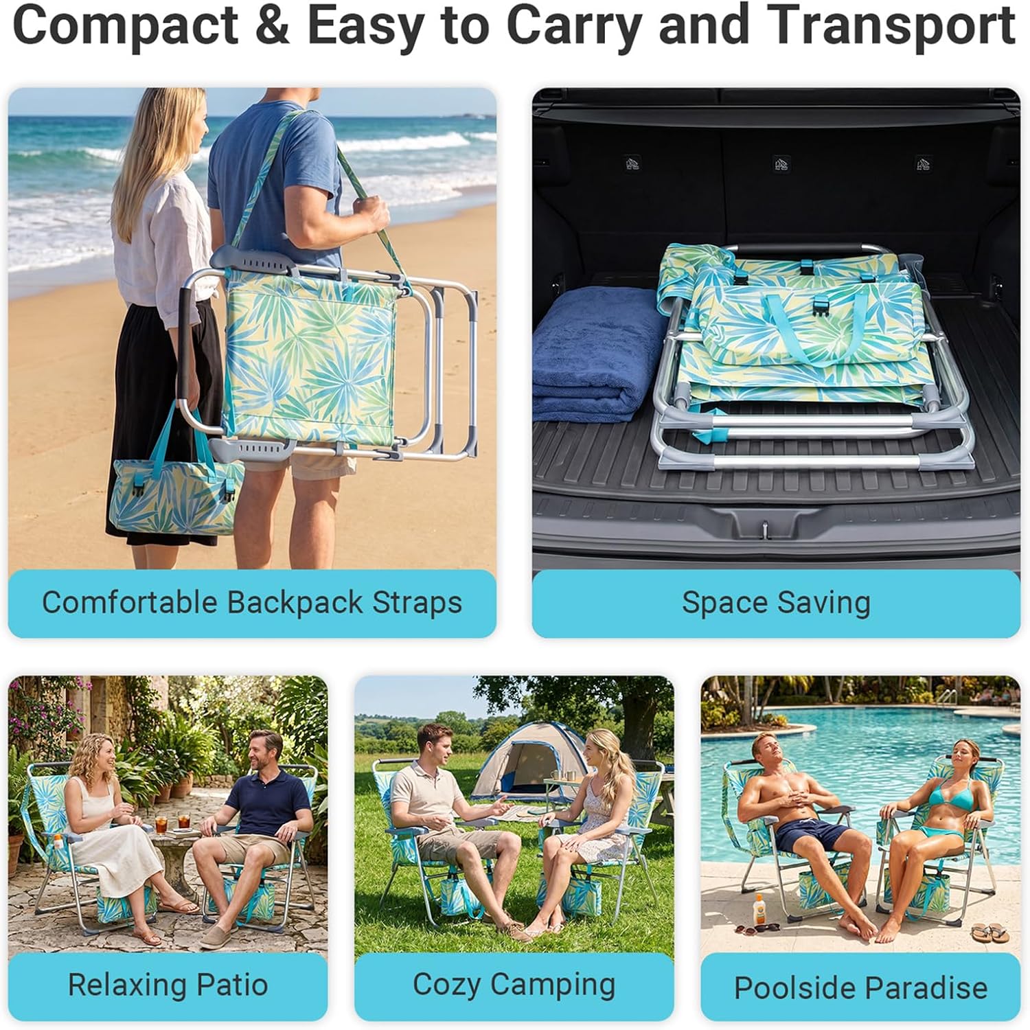 Portable Beach Chair for Adults, Lightweight Folding Lawn Chair with Cup Holder, Headrest, Side Pocket and Bottom Storage Bag, Camping Gear for Picnic Patio Sporting Events, 260 lbs, Green & Blue